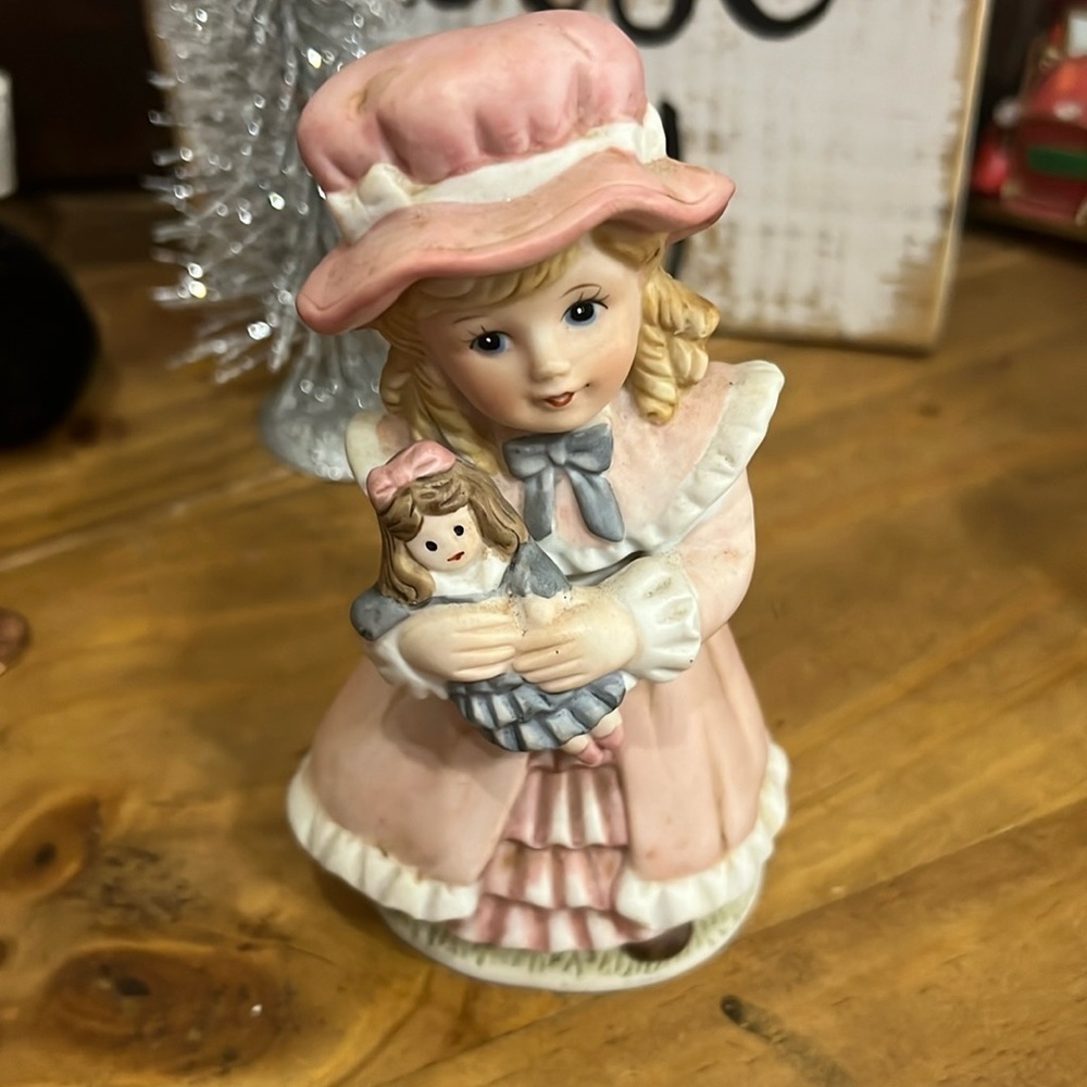 HOMCO 1419 Ceramic Figurine - Girl in Pink Dress & Hat Holding A Baby Doll